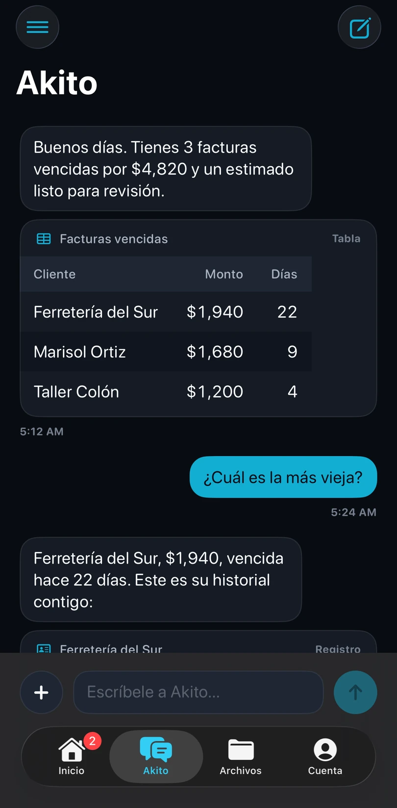 Pantallas reales de la app de Akito con datos de demostración.