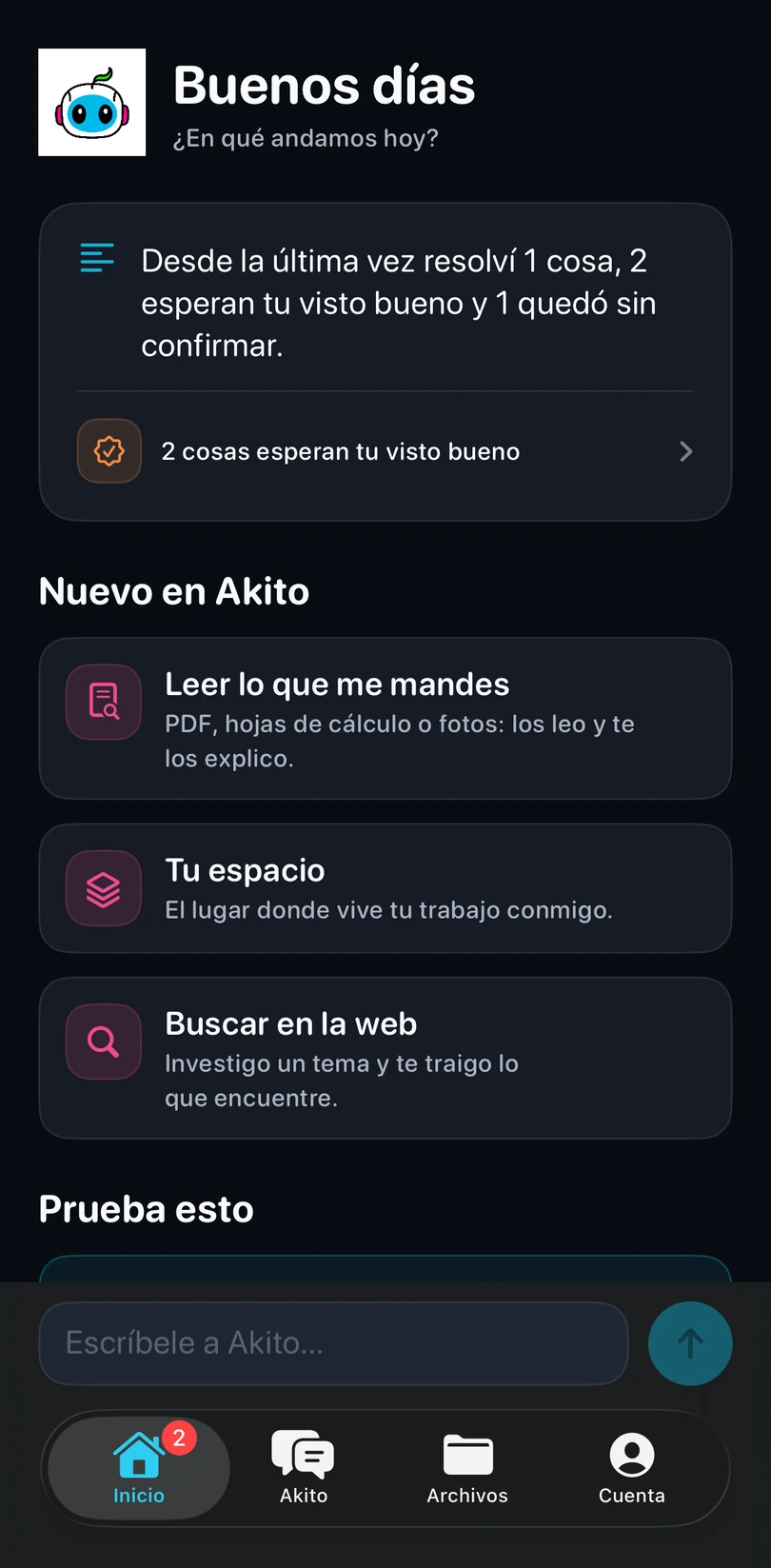 Akito app home screen with the daily summary and shortcuts