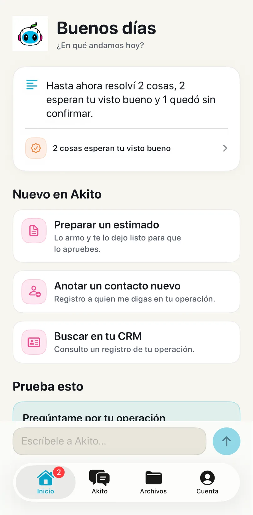Akito app home screen with the daily summary and shortcuts
